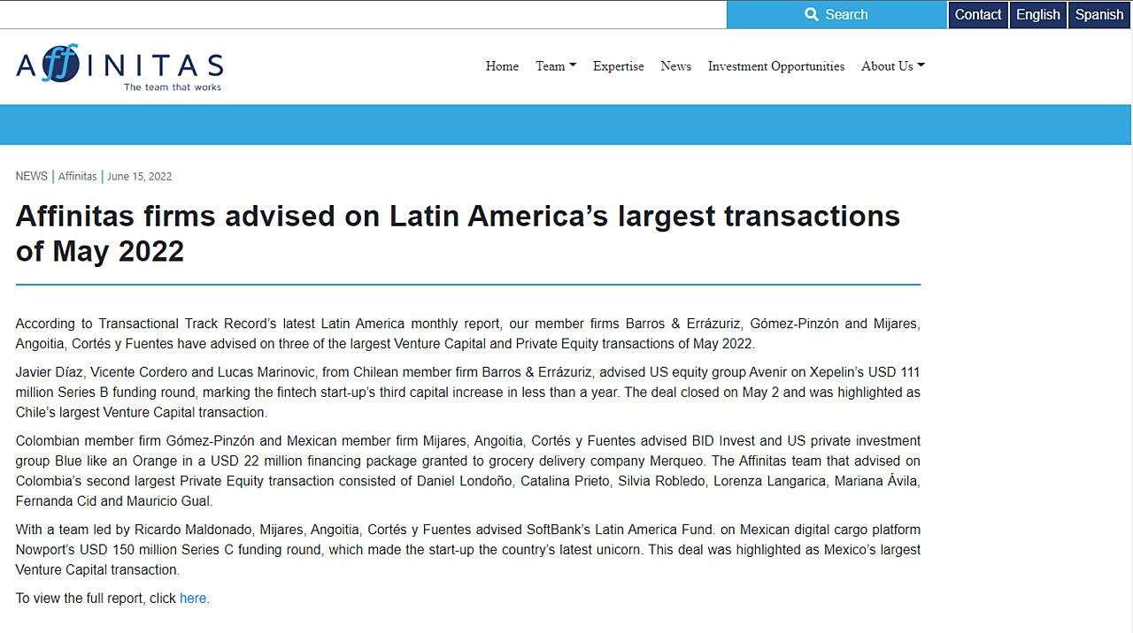 Affinitas firms advised on Latin Americas largest transactions of May 2022